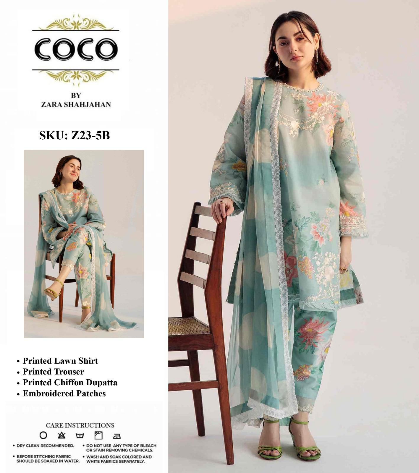 Zara Shahjahan COCO Lawn Suit | Floral Printed 3-Piece with Chiffon Dupatta & Embroidery