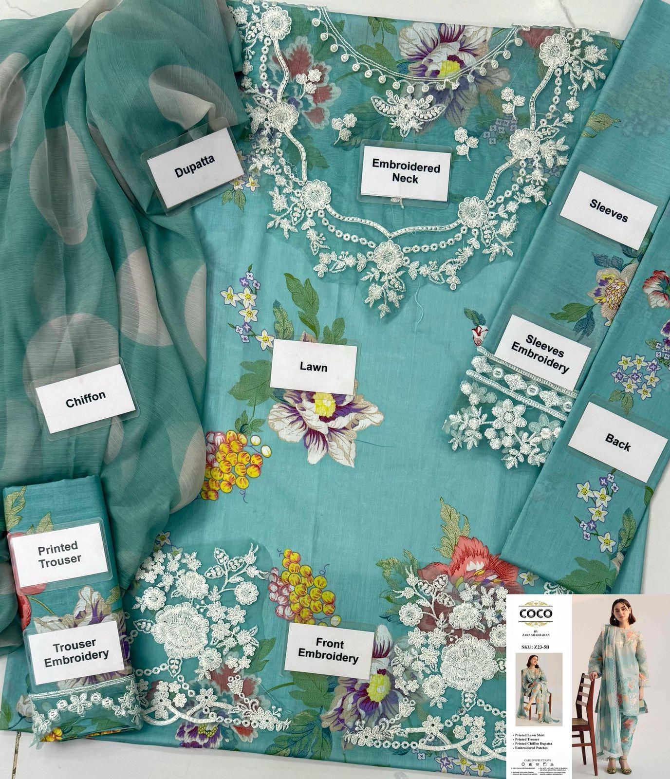 Zara Shahjahan COCO Lawn Suit | Floral Printed 3-Piece with Chiffon Dupatta & Embroidery