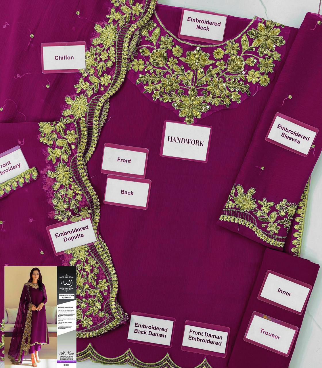 Baroque 3-Piece Embroidered Chiffon Suit | Luxury Party Wear Collection with Daman Lace