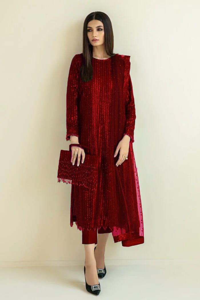 Baroque 3-Piece Sequin Embroidered Chiffon Suit | Luxury Party Wear with Soft Net Dupatta