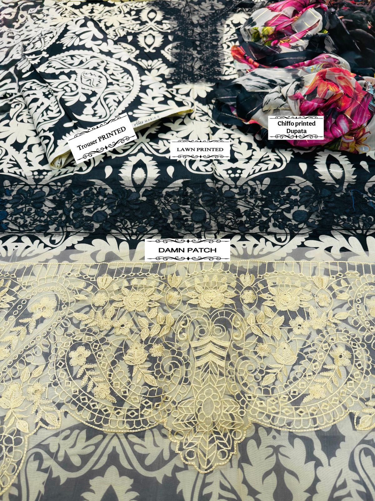 MARIA B. 3-Piece Printed Lawn Suit | Summer Collection with Chiffon Dupatta & Emb Patches